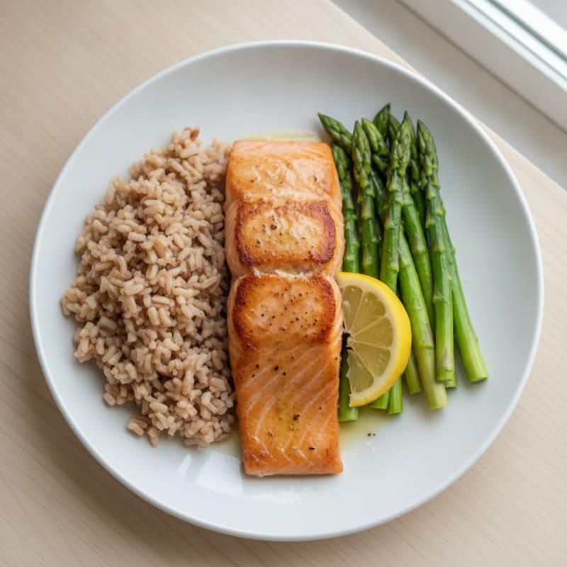 Seared Salmon Fillet with Steamed Asparagus and Brown Rice