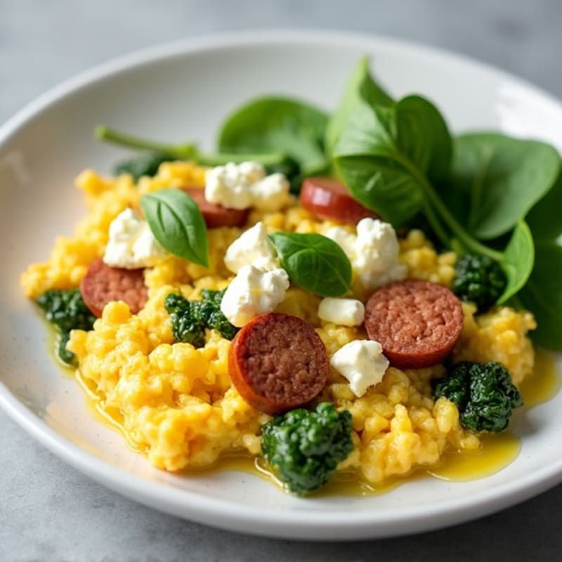 Egg White and Turkey Sausage Scramble with Cottage Cheese and Spinach