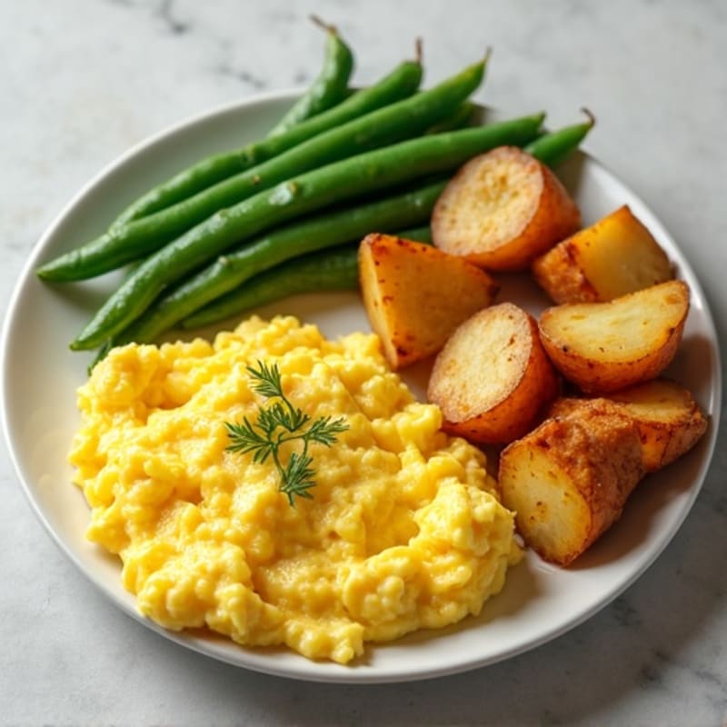 Scrambled Eggs with Crispy Potatoes and Green Beans