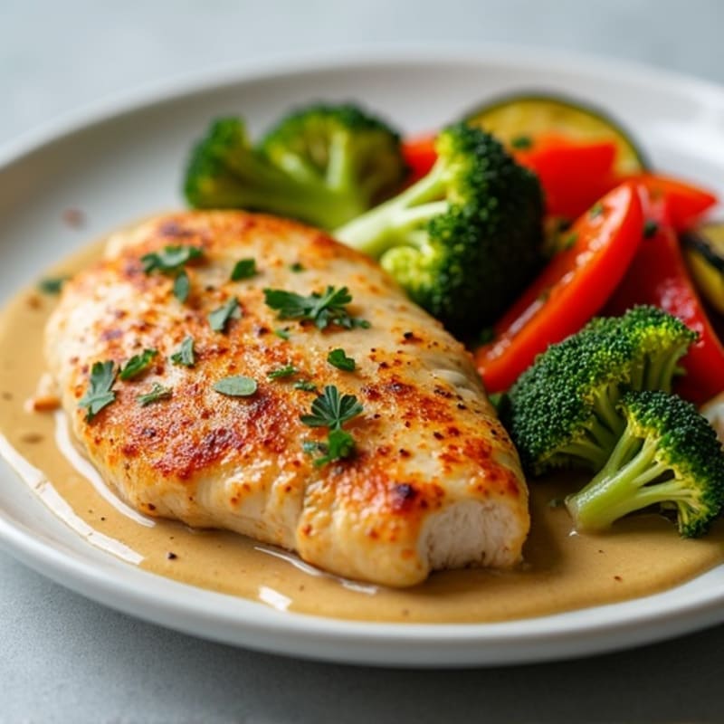 Spiced Roasted Chicken with Crisp Vegetables and Creamy Tahini Dressing
