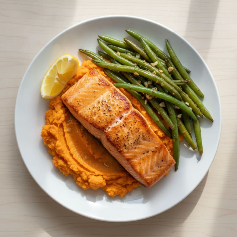 Seared Salmon Fillet with Garlic Green Beans and Sweet Potato Mash