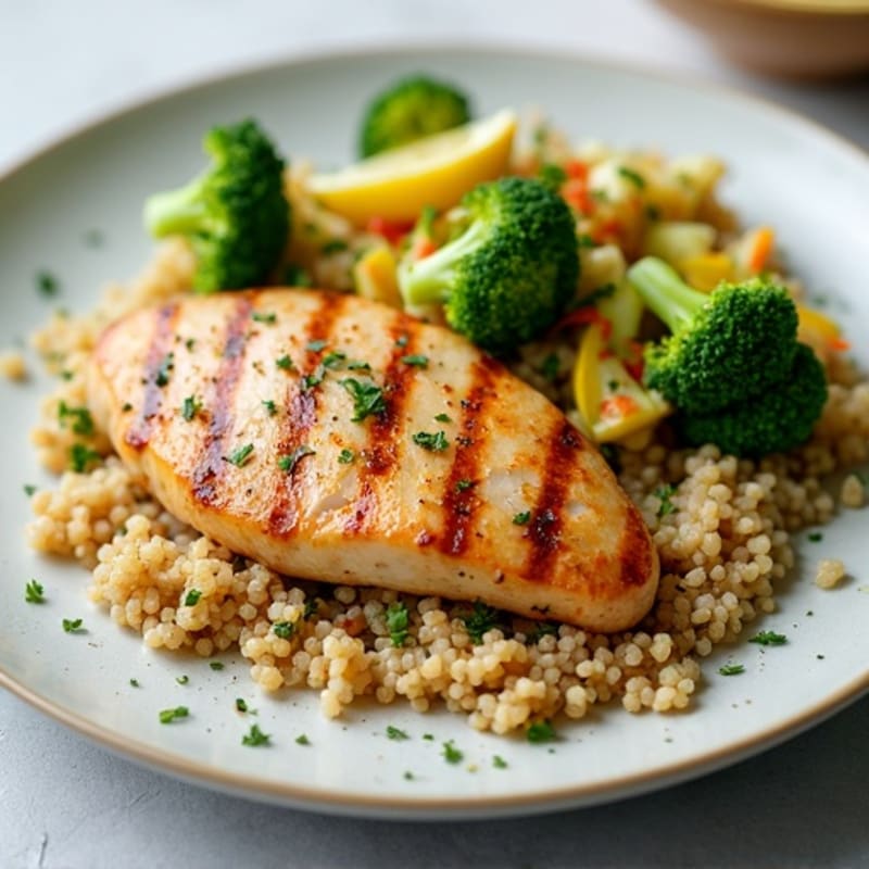 Grilled Chicken Breast with Quinoa and Crunchy Broccoli Slaw