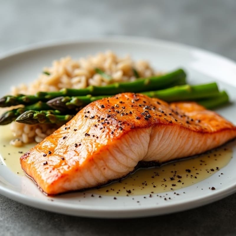 Seared Salmon with Steamed Asparagus and Brown Rice