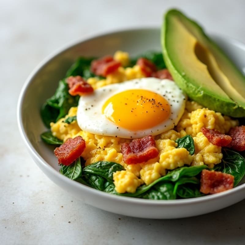 Cottage Cheese Egg White Scramble with Baby Spinach and Turkey Bacon