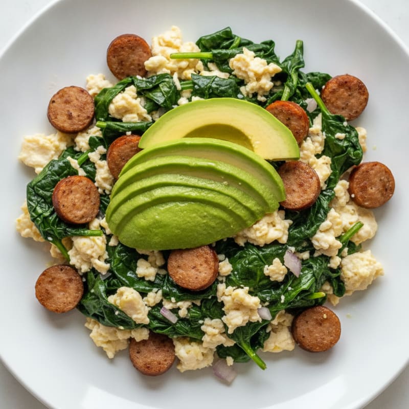 Egg White Scramble with Turkey Sausage and Sautéed Spinach