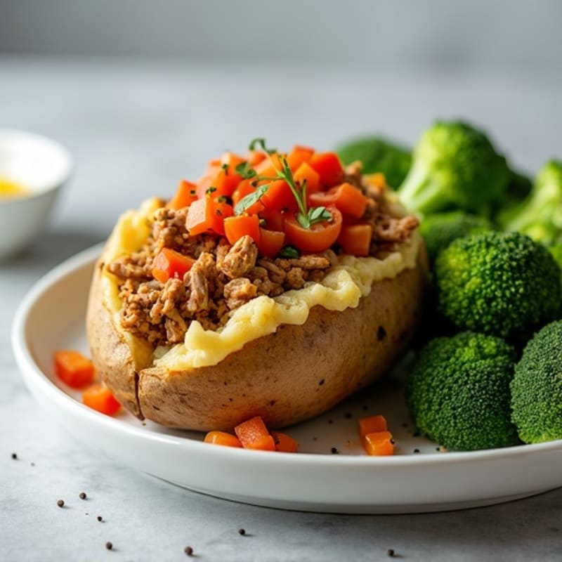 Loaded Baked Potato with Lean Ground Turkey and Steamed Broccoli
