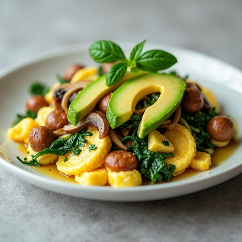 Egg White Spinach Scramble with Turkey Sausage and Sautéed Mushrooms