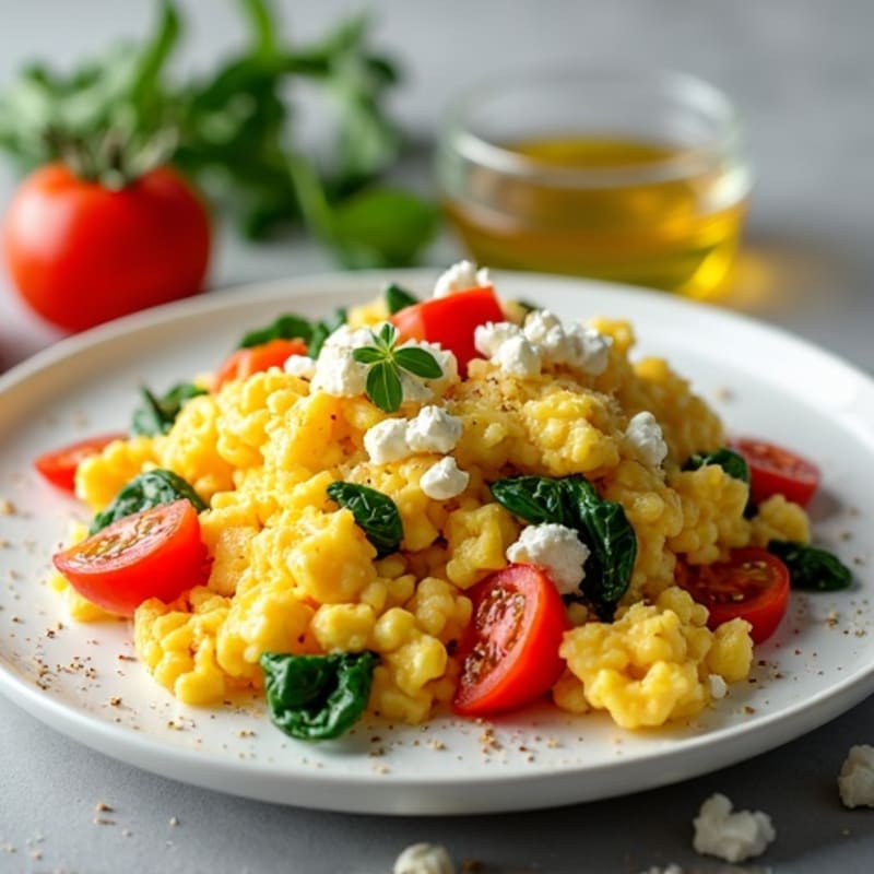 Fluffy Scrambled Eggs with Fresh Veggies and Crumbled Feta