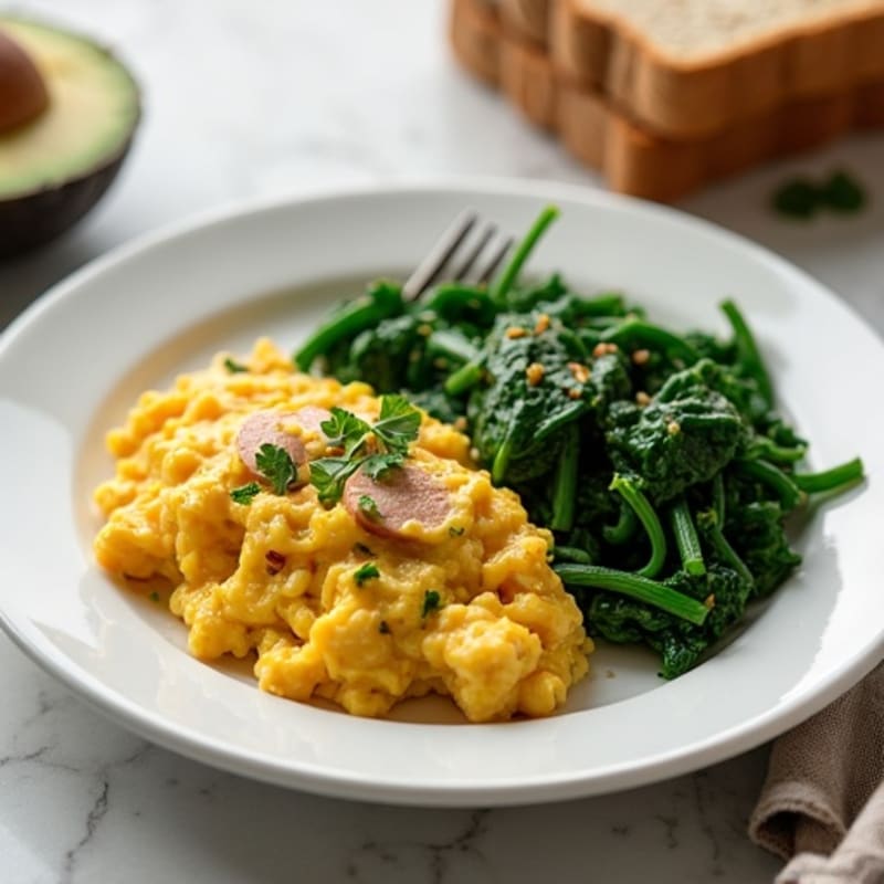 Egg White and Turkey Sausage Scramble with Sautéed Spinach