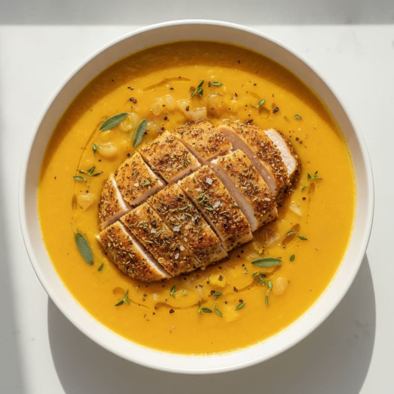 Roasted Butternut Squash Soup with Herb-Crusted Chicken