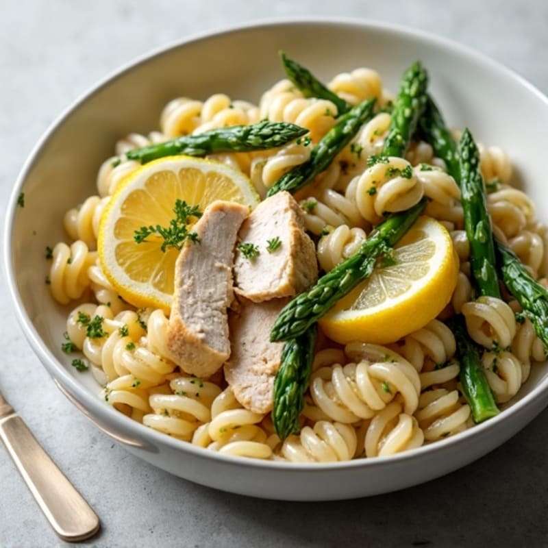 Creamy Lemon Herb Chicken Pasta with Roasted Asparagus