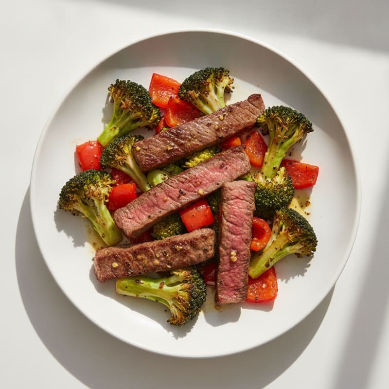 Seared Lean Beef Strips with Roasted Broccoli and Red Pepper