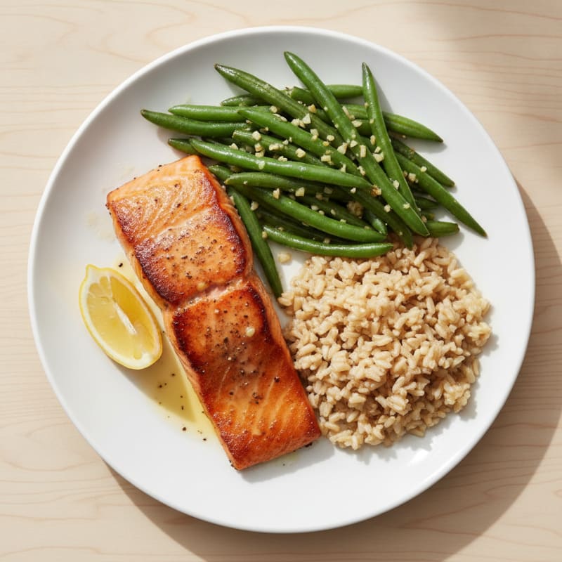 Seared Salmon Fillet with Garlic Green Beans and Brown Rice