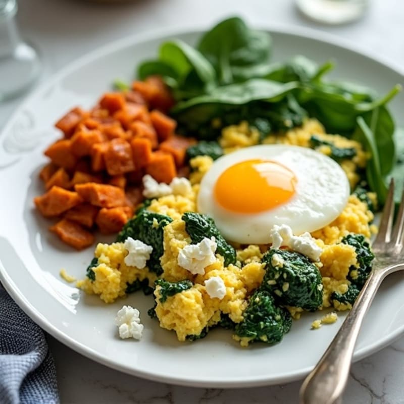 Creamy Egg and Spinach Scramble with Crispy Sweet Potato Hash