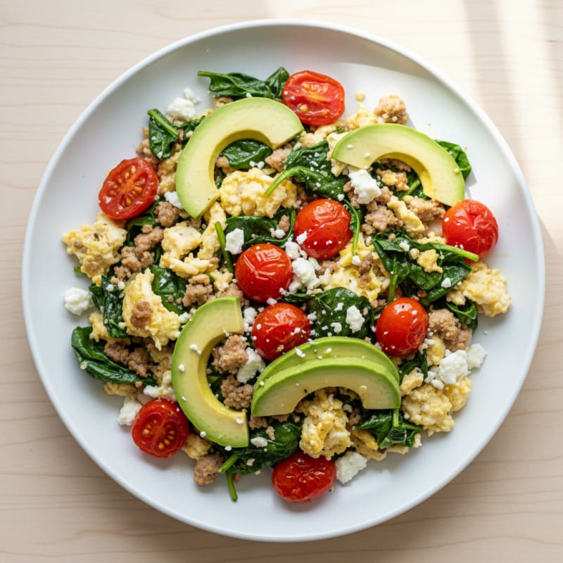Egg White and Turkey Spinach Scramble with Roasted Tomatoes