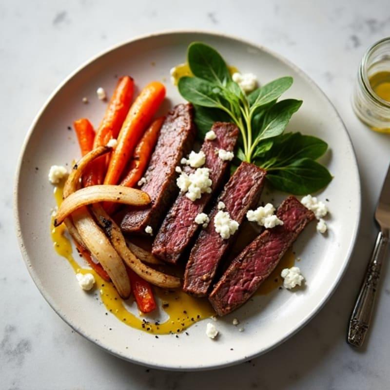Seared Grass-Fed Beef Strips with Roasted Root Vegetables and Goat Cheese Crumble