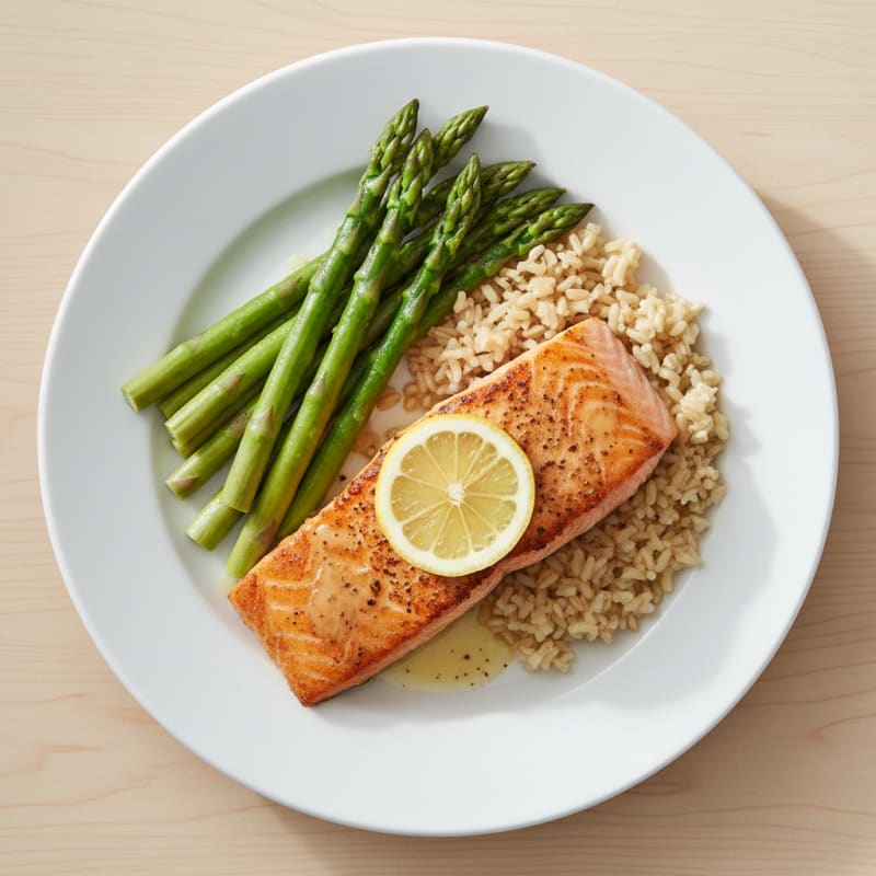Seared Salmon Fillet with Steamed Asparagus and Brown Rice