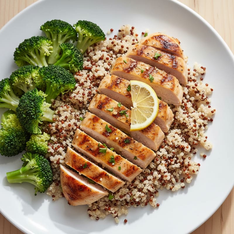Grilled Chicken Breast with Quinoa and Steamed Broccoli