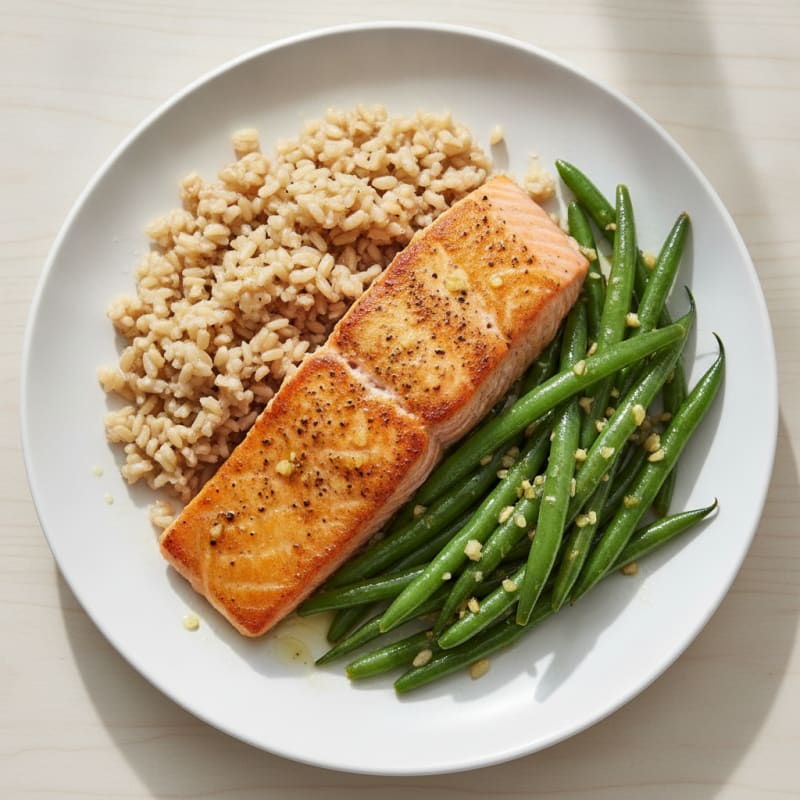 Seared Salmon with Garlic Green Beans and Brown Rice