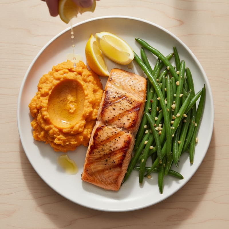 Seared Salmon with Garlic Green Beans and Mashed Sweet Potato