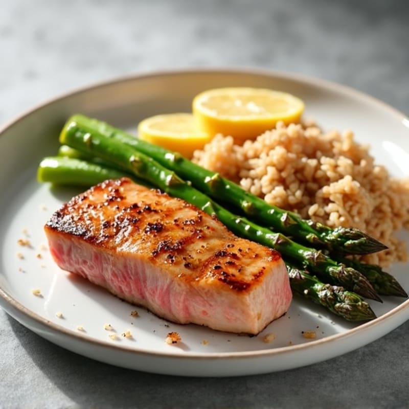Pan-Seared Tuna with Crispy Roasted Asparagus and Brown Rice