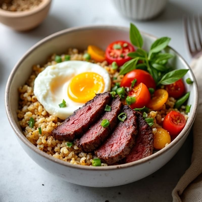 Seared Steak with Soft Boiled Eggs and Roasted Vegetables Grain Bowl