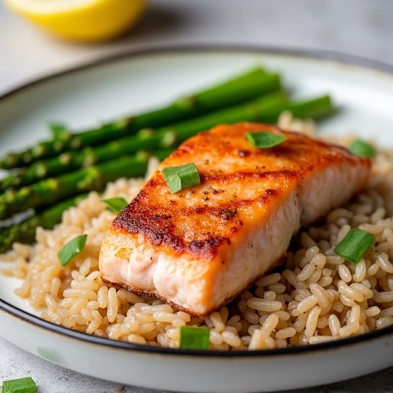 Seared Salmon with Steamed Asparagus and Brown Rice