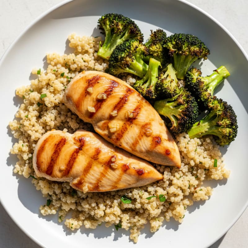 Grilled Lemon-Garlic Chicken Breast with Quinoa and Roasted Broccoli