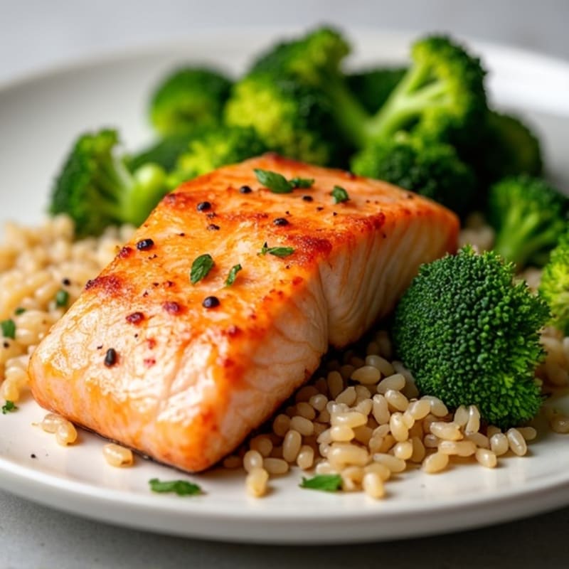 Seared Salmon with Brown Rice and Steamed Broccoli