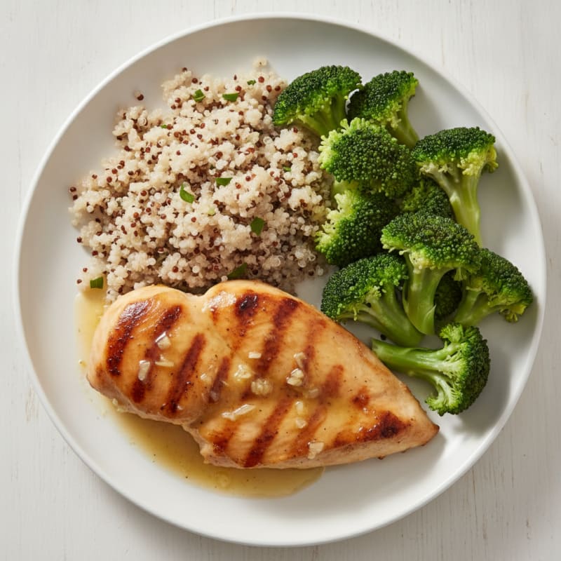 Grilled Lemon Garlic Chicken Breast with Quinoa and Steamed Broccoli