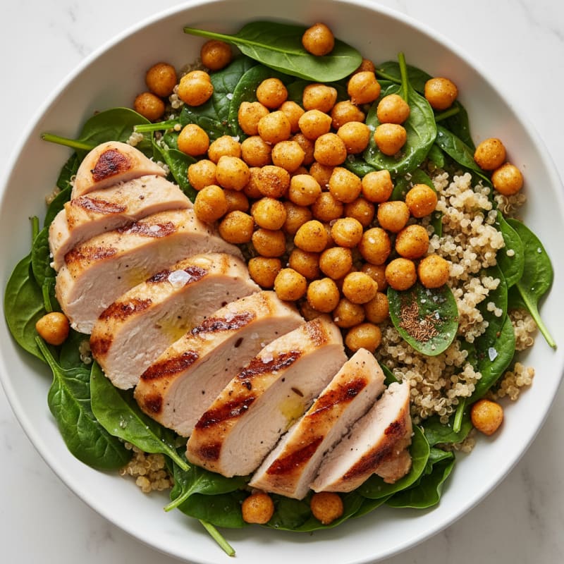 Crispy Chickpea and Grilled Chicken Power Bowl with Spinach and Quinoa