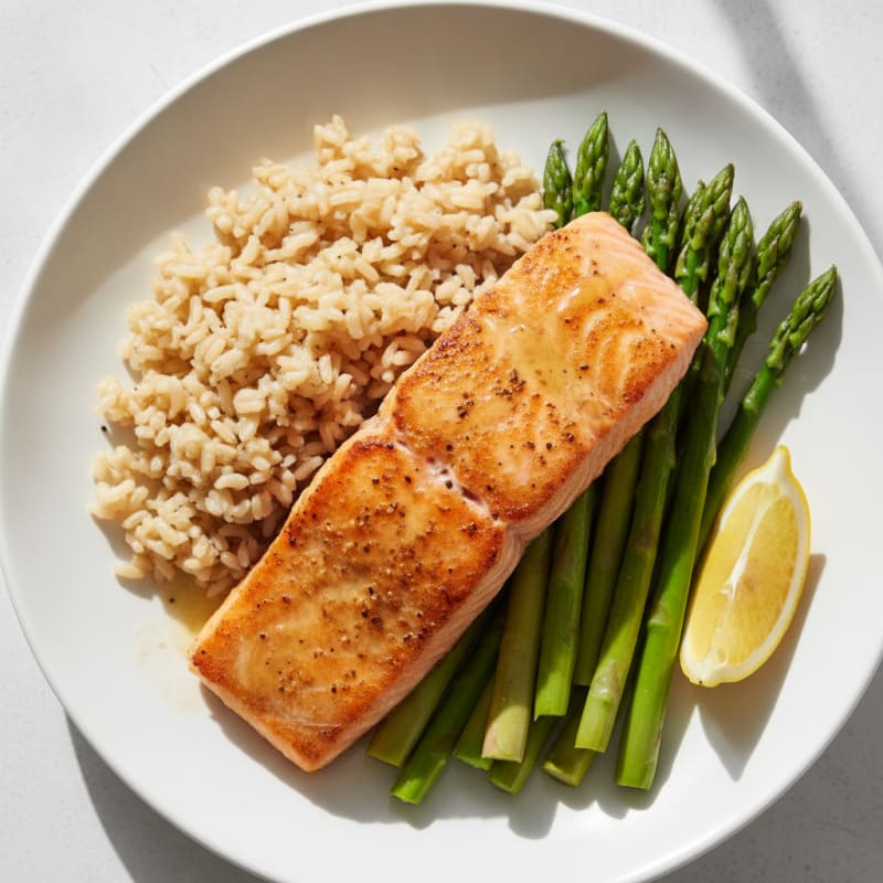 Seared Salmon Fillet with Steamed Asparagus and Brown Rice