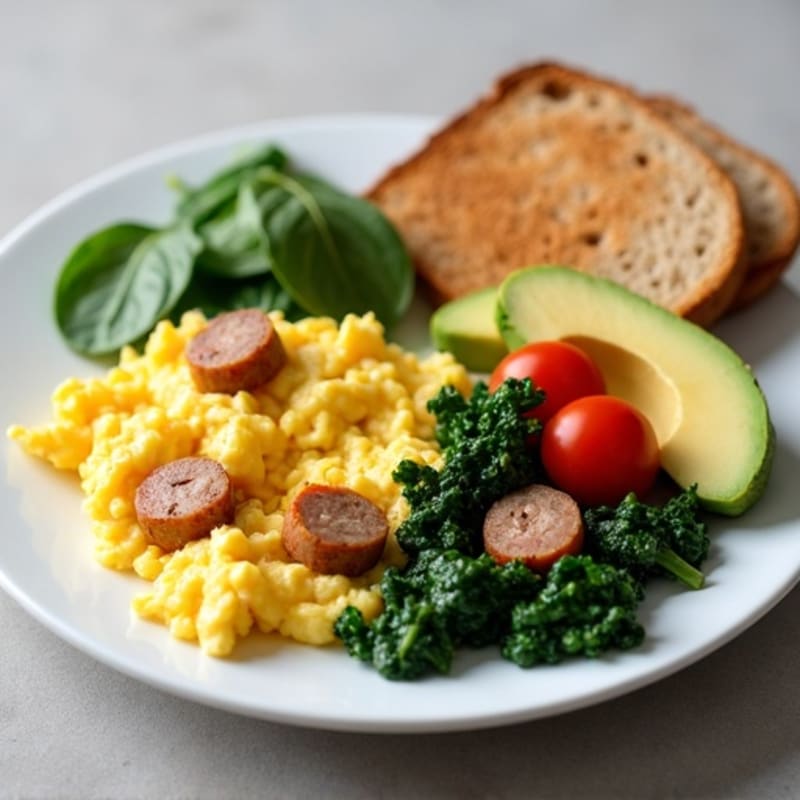 Egg White Scramble with Turkey Sausage and Sautéed Spinach