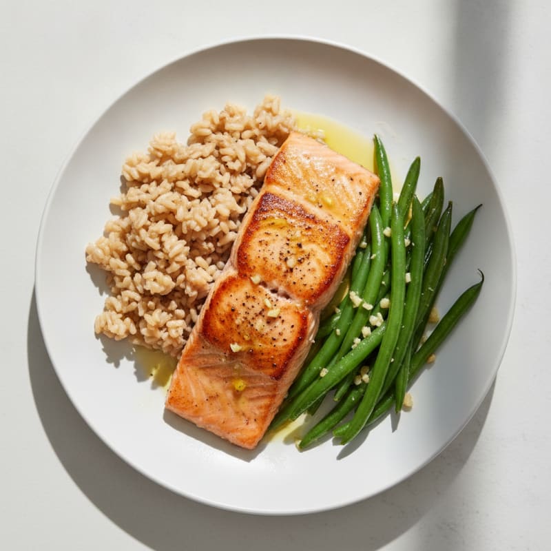 Seared Salmon Fillet with Garlic Green Beans and Brown Rice