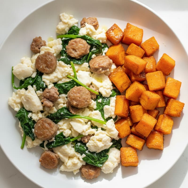 Egg White and Turkey Sausage Scramble with Spinach and Roasted Sweet Potato