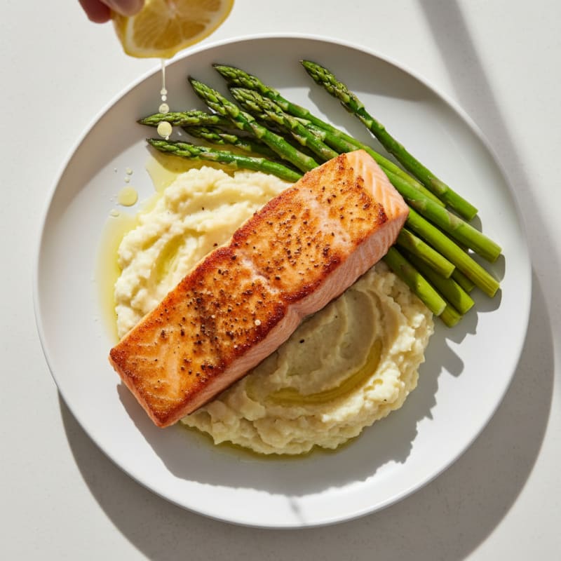 Seared Salmon with Steamed Asparagus and Cauliflower Mash