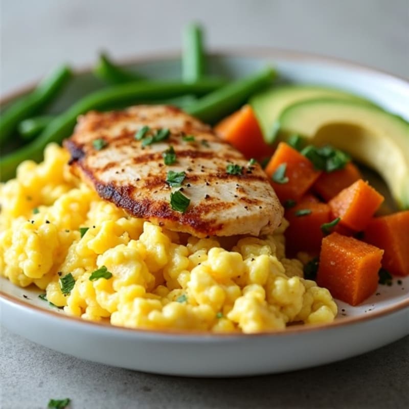 Scrambled Egg Whites with Grilled Chicken and Sweet Potato Hash