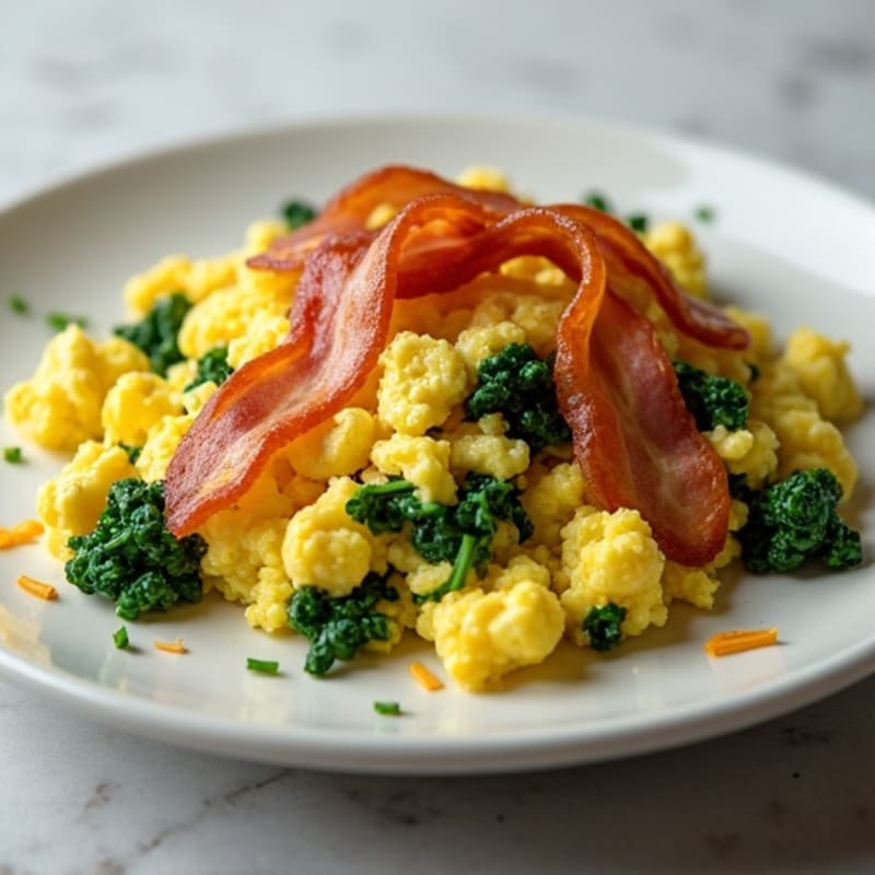 Fluffy Egg and Spinach Scramble with Crispy Turkey Bacon