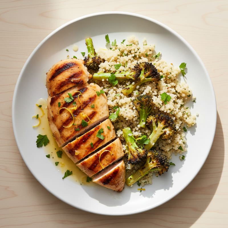 Grilled Lemon-Garlic Chicken Breast with Roasted Broccoli and Quinoa