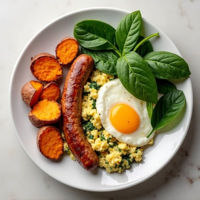 Egg White Spinach Scramble with Turkey Sausage and Roasted Sweet Potato
