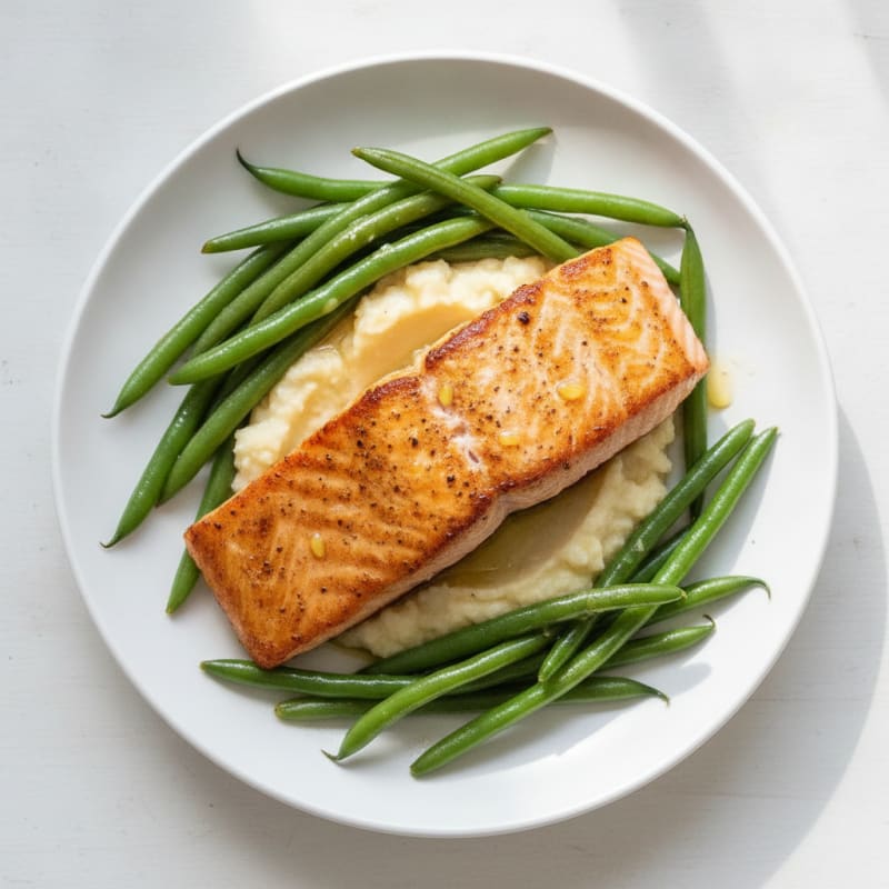 Seared Salmon with Steamed Green Beans and Cauliflower Mash
