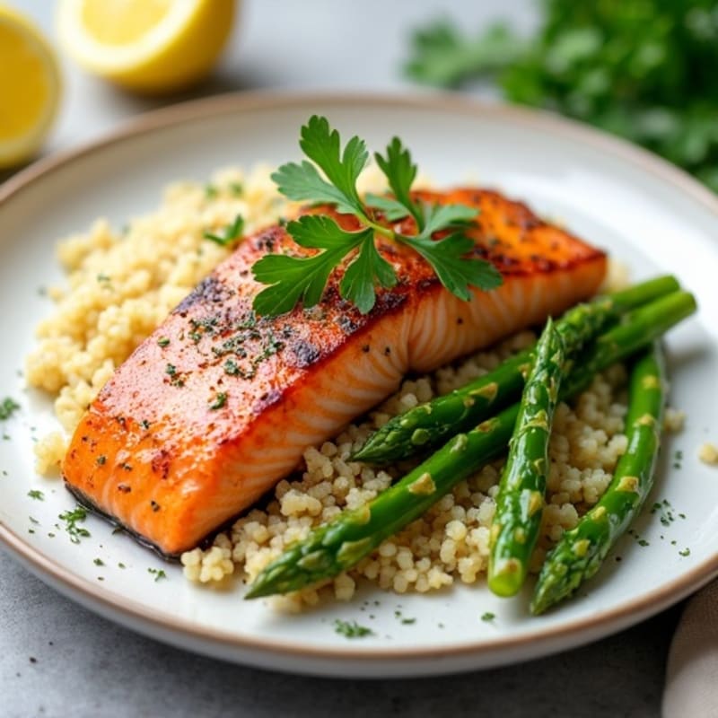 Seared Salmon with Herb Quinoa and Steamed Asparagus