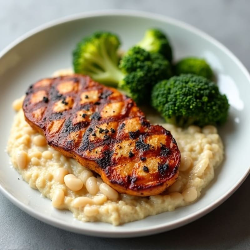 Grilled Tempeh Steaks with Creamy White Bean Mash and Steamed Broccoli