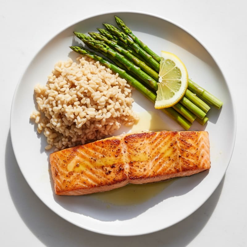 Seared Salmon Fillet with Steamed Asparagus and Brown Rice