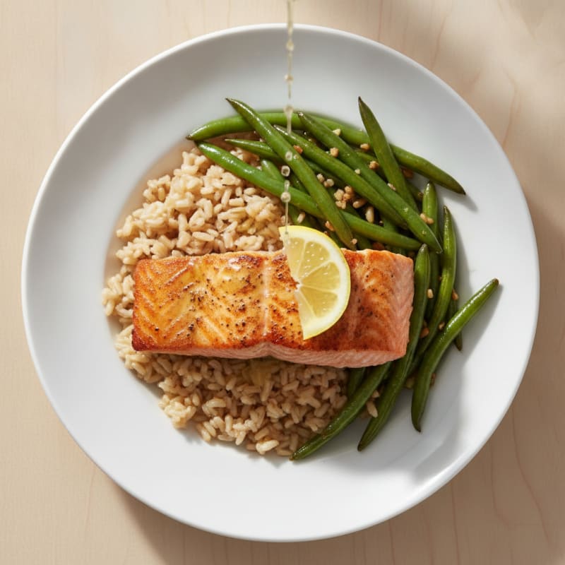 Seared Salmon with Garlic Green Beans and Brown Rice