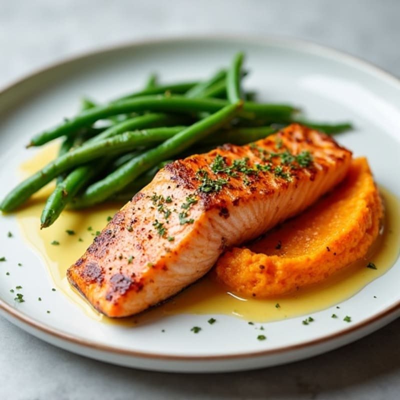 Seared Salmon with Garlicky Green Beans and Sweet Potato Mash