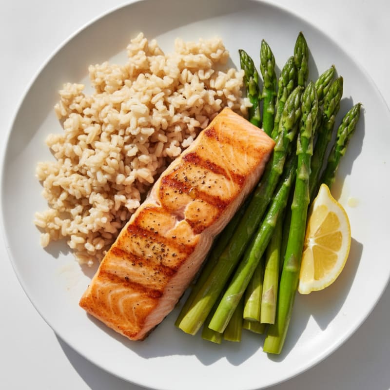 Pan Seared Salmon with Steamed Asparagus and Brown Rice