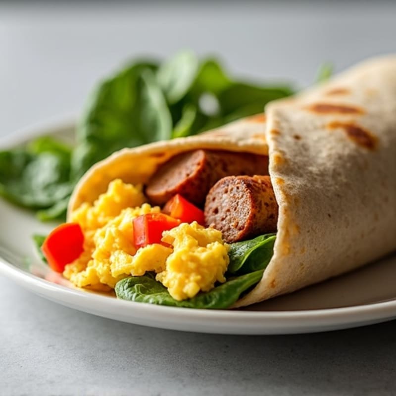 Hearty Scrambled Egg and Lean Turkey Sausage Breakfast Burrito with Sautéed Vegetables