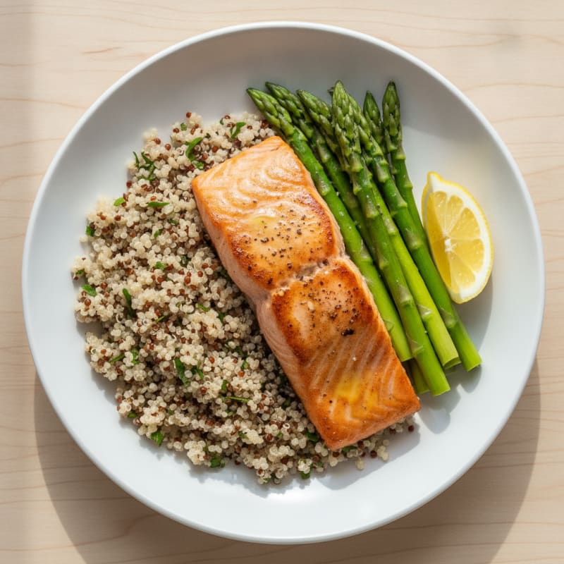 Seared Salmon with Steamed Asparagus and Quinoa