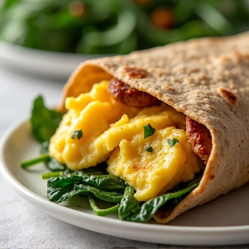 Creamy Scrambled Eggs with Chicken Sausage and Sautéed Spinach Wrap